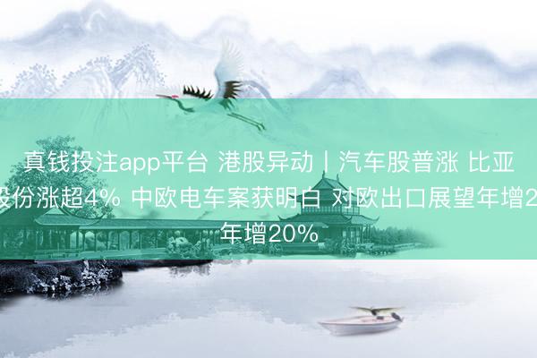 真钱投注app平台 港股异动丨汽车股普涨 比亚迪股份涨超4% 中欧电车案获明白 对欧出口展望年增20%